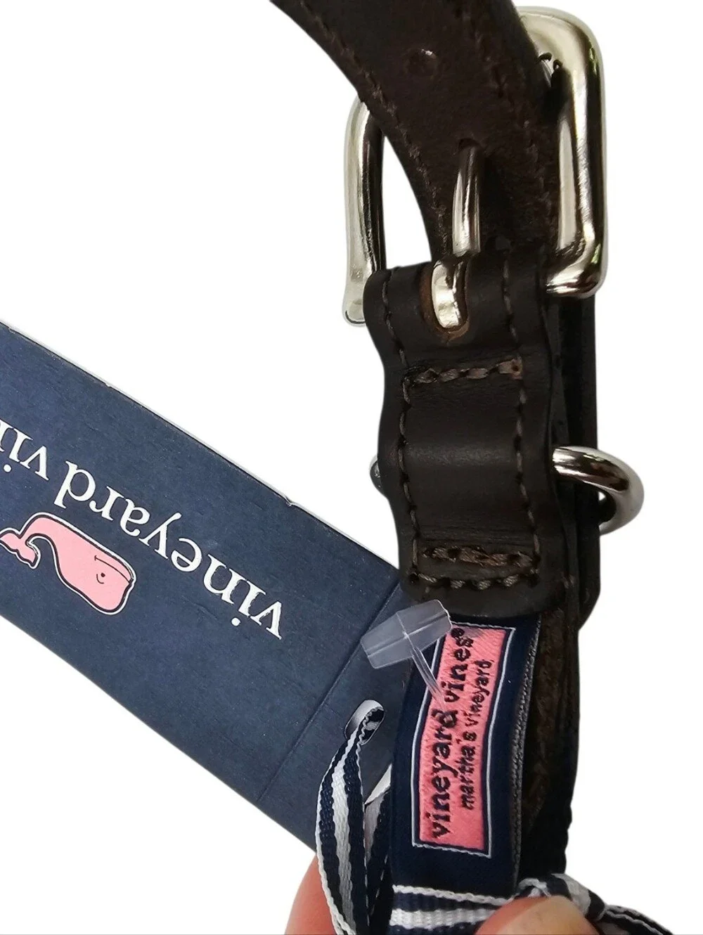 Vineyard Vines Leather Canvas Dog Collar Whale Print Blue NWT